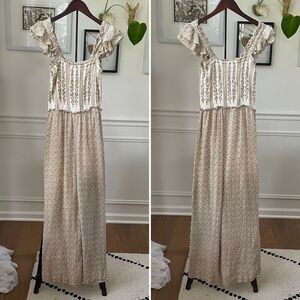 Sim & Sam Smocked Top Jumpsuit Natural Ivory Calico S